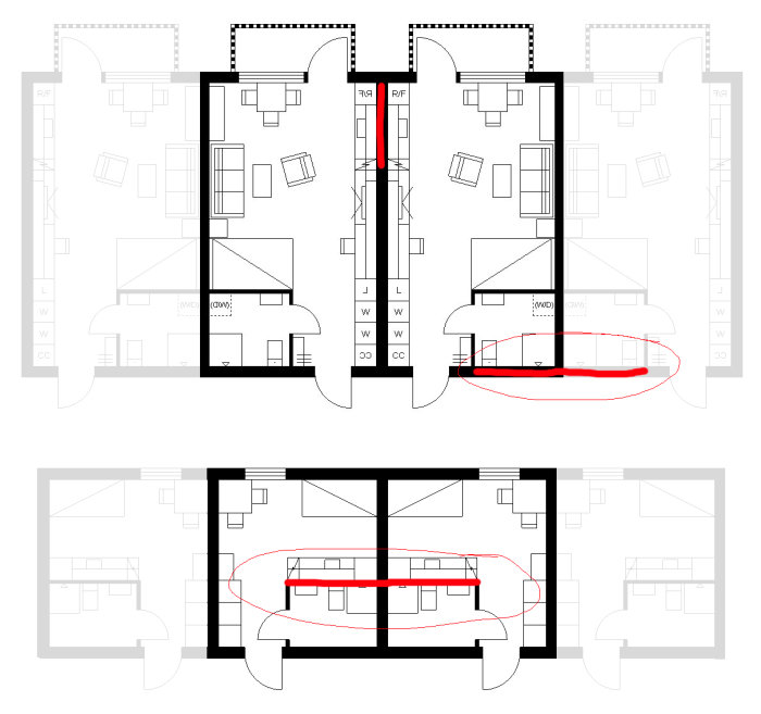 Arkitektonisk ritning av en byggnadsplan med markerade områden för potential renovering.