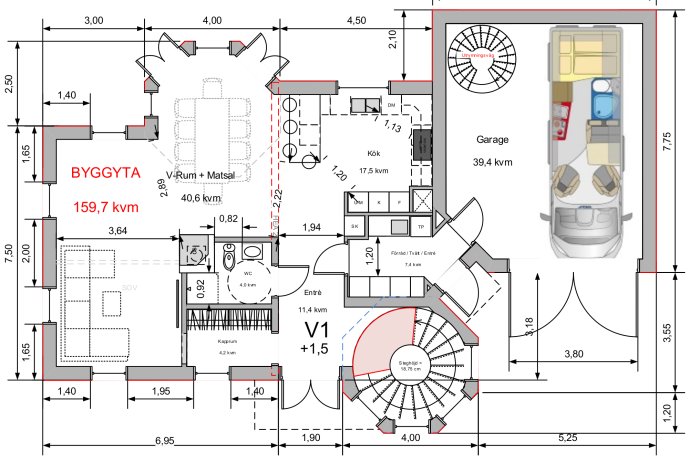 Arkitektritning av husplan med dimensioner, möblerade rum och utbyggt garage.