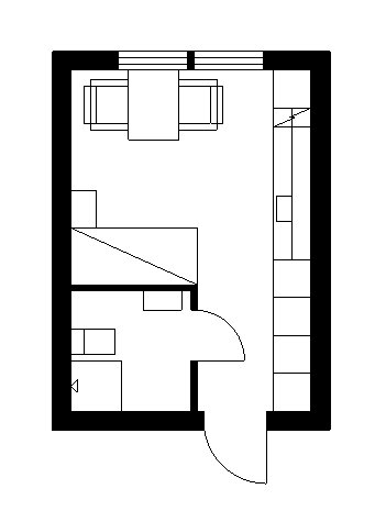 Arkitektritning av en 20 kvm stor lägenhetsplan med möblering.