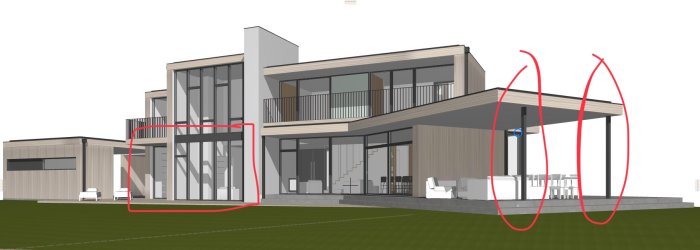 3D-ritning av ett hus med markerade sektioner redo för gjutning: vardagsrum, bibliotek och uteplatsens stolpbaser.