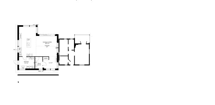 Arkitektritning av en stuga med planlösning för vardagsrum/kök, badrum och sovrum.