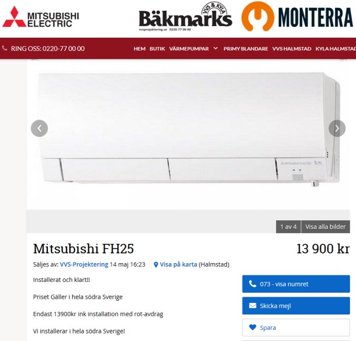 Väggmonterad Mitsubishi FH25 värmepump från reklam för lokal firma.