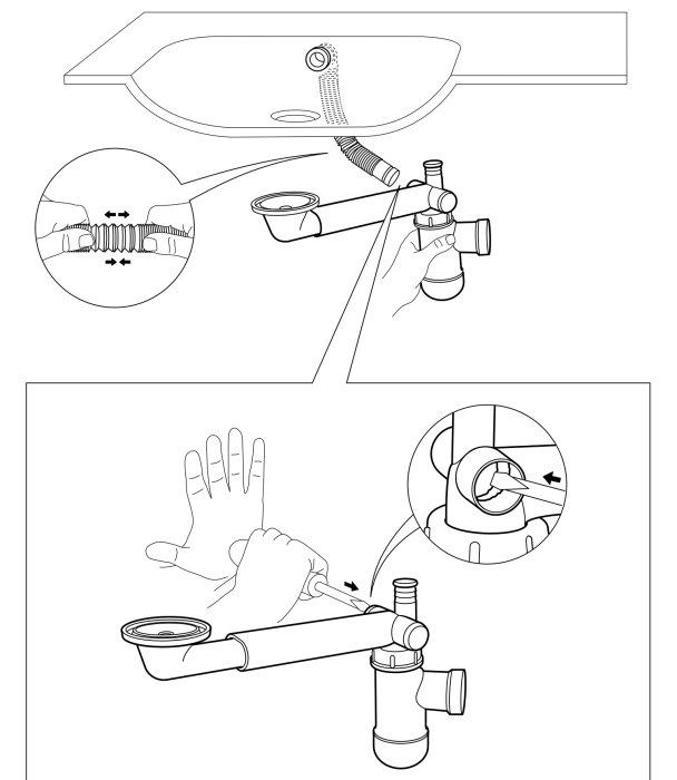 Illustration av IKEA vattenlås installation för handfat med anslutning för översvämmningsskydd och maskinintag.