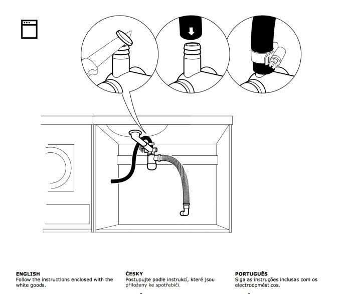 Illustration av IKEA vattenlås under handfat med instruktioner för koppling av översvämmningsskydd och maskinanslutning.