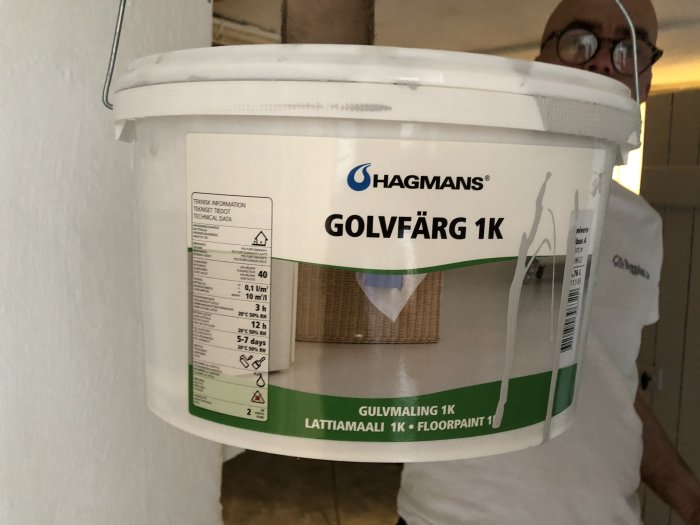 Hink med Hagmans golvmålning 1K hålls av person i vitt, färdigt projekt i tvättstuga beskrivs.