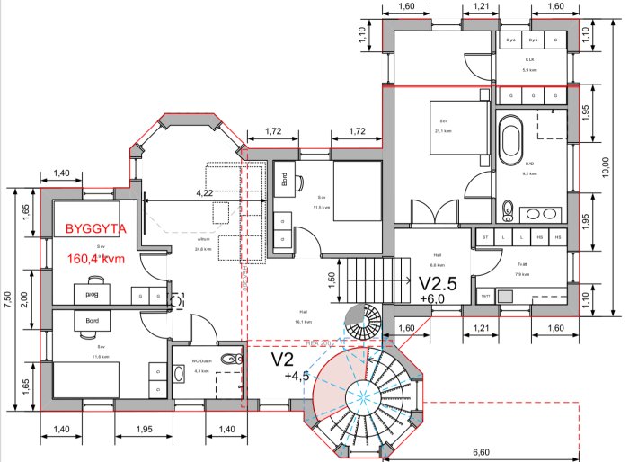 Arkitektonisk ritning av en bostad med mått och planlösning inklusive rum, möbler och trappa.