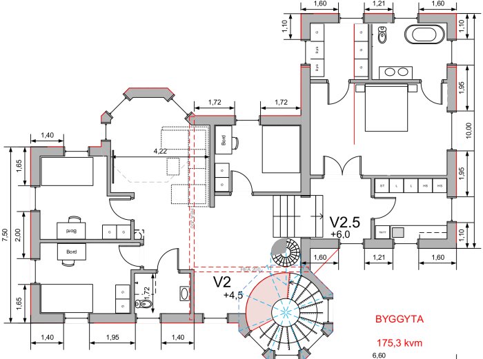 Ritning av ett stort sovrum med en-suite badrum och klädkammare, detaljer om dusch och badkar synliga.