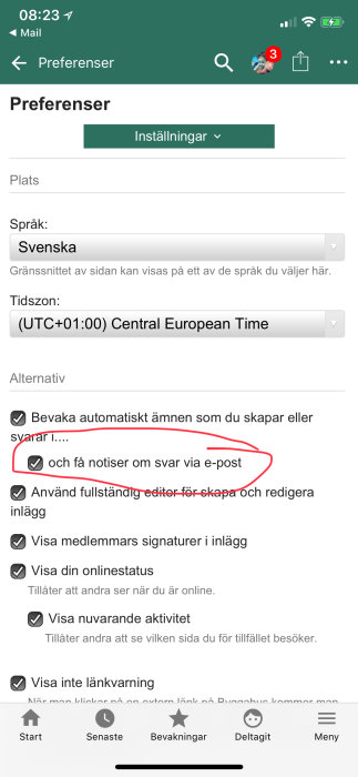 Skärmdump visar e-post notisinställning avmarkerad i forumpreferenser meny.