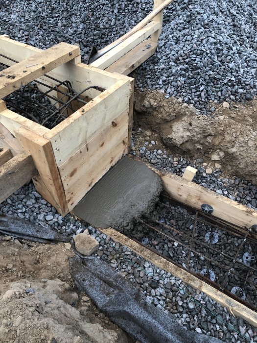 Nyutgjuten betong i träform med armeringsjärn för byggprojekt, omgiven av grus och jord.