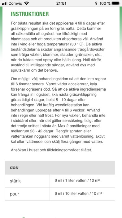 Skärmdump av diskussionsforum med instruktioner för gräsmatteskötsel och doseringstabell.