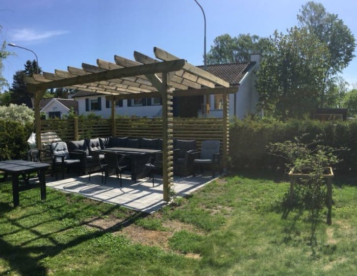 Trädgård med en nybyggd pergola över en loungegrupp, omgiven av grönt gräs och växtlighet.