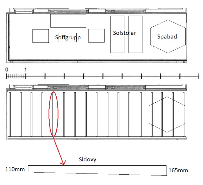 Arkitektonisk planskiss av takterrass med markering för spabad, sittgrupp och solstolar samt detaljerad sidovy.