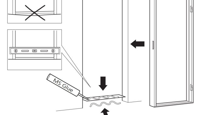 Illustration av dörrtröskel där lim appliceras för montage med vattenpass ovanför.