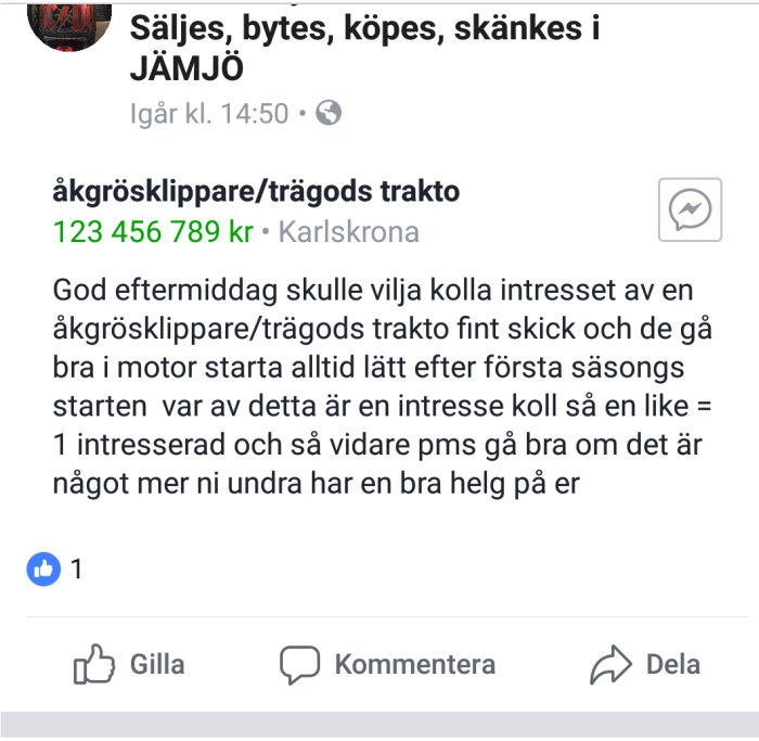 Skärmbild av en Facebook-annons om försäljning av en ägrosklippare/trägods traktor med pris och text.