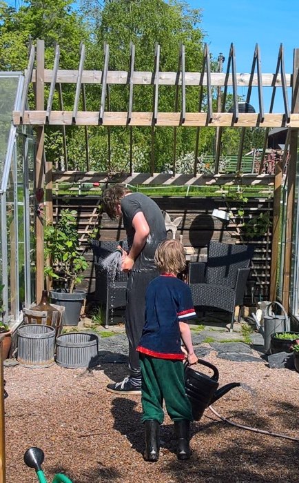 Två pojkar hjälper till i trädgården, den äldre vattnar plantor medan den yngre bär en vattenkanna.