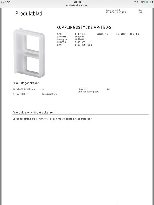 Produktblad för ett vit kopplingsstycke avsedd för sammanfogning av fyra apparatdosor inom elinstallation.