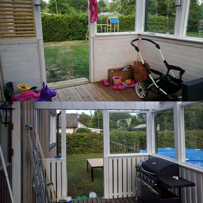 Före-och-efter-bilder på en renoverad inglasad veranda, med nya lister och omorganiserade möbler.