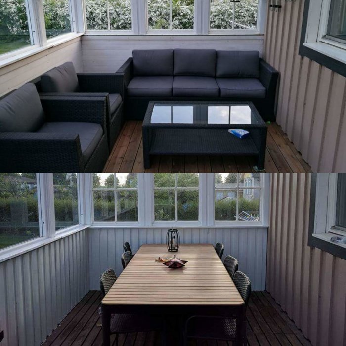 Före- och efterbilder av en veranda med nygrundmålade väggar och lister, först med en soffgrupp och sedan med matbord.