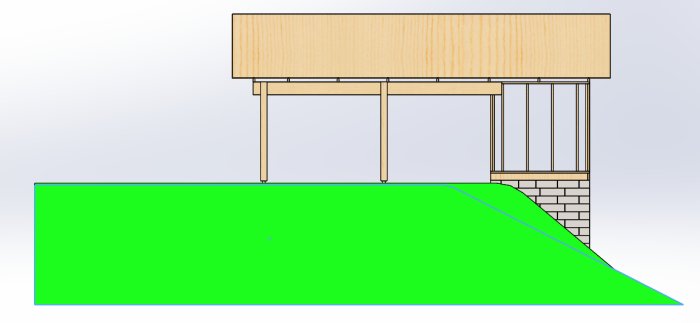 Ritning av en dubbelcarport med förråd på ett uppmurat fundament anpassat för backig terräng.