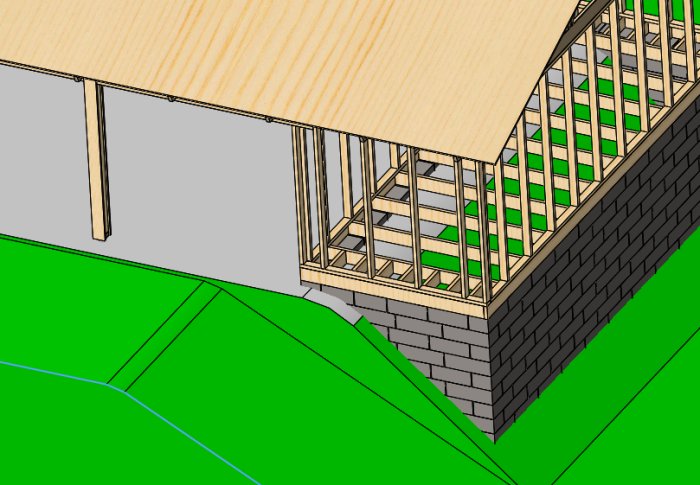 3D-modell av grundläggning för en dubbelcarport med förråd på sluttande terräng.