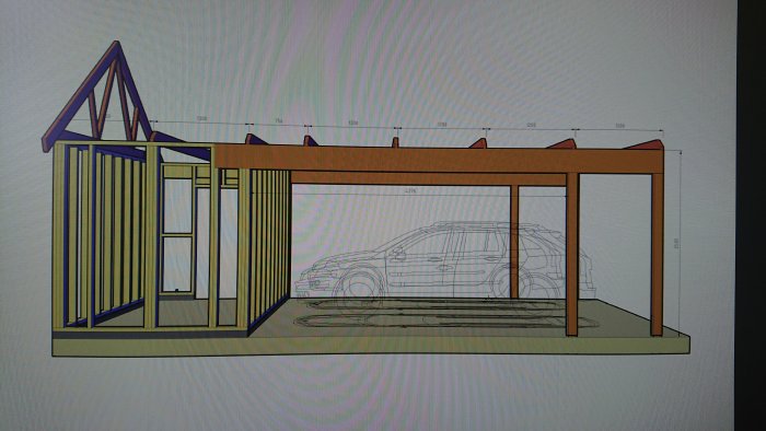 Digital ritning av ett byggprojekt med en bil parkerad inne i en trästomme för en byggnad.