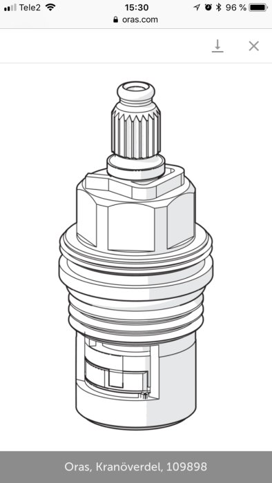 Illustration av ett kranöverdel med keramisk packning märkt Oras, avsedd för diskussion om byggprojekt.