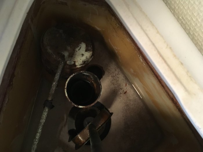 Insidan av en toalettcistern med synlig packning och flottör, indikerande läckage och behov av reparation.