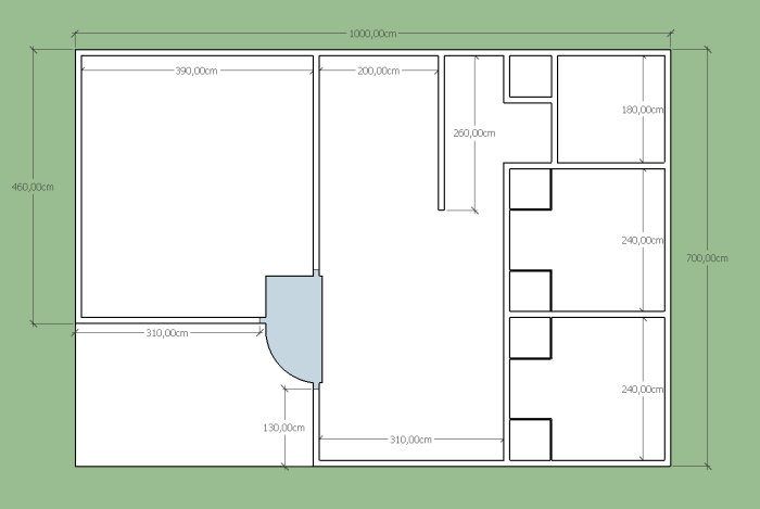 Arkitekturritning av en planlösning för ett hus med mått, inklusive kök, vardagsrum och sovrum.