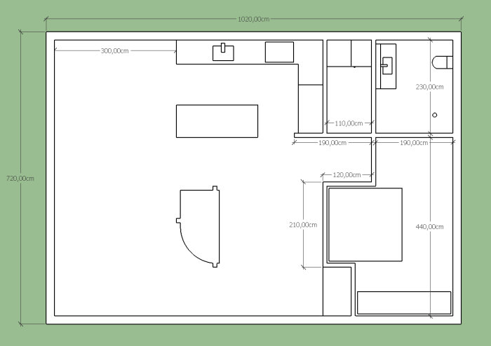 Arkitektritning av en planlösning för renovering, inkluderar mått för altan, kök, sovrum och badrum.