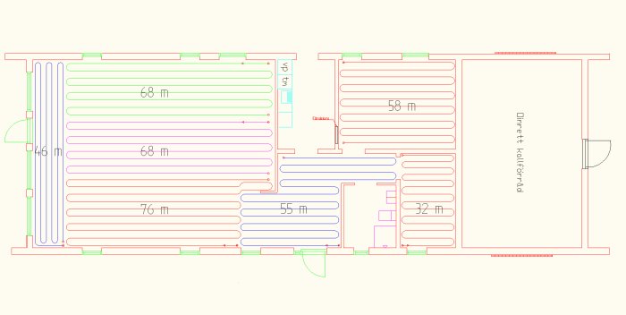 Planritning för golvvärme i lösvirkeshus med markerade slinglängder, c/c-avstånd och fullhöjdsfönster.