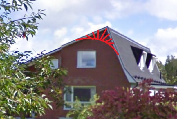 Hus med asymmetriskt tak och markerade linjer för designidéer.