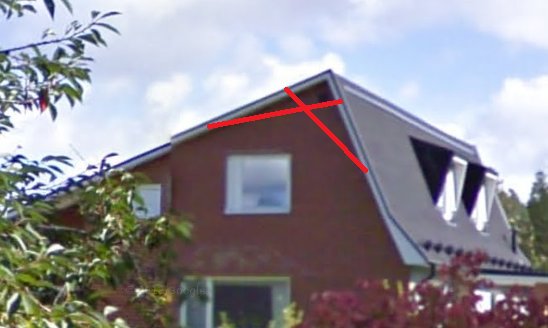 Hus med asymmetriskt tak och markerad linje som illustrerar idéer för takdesign.