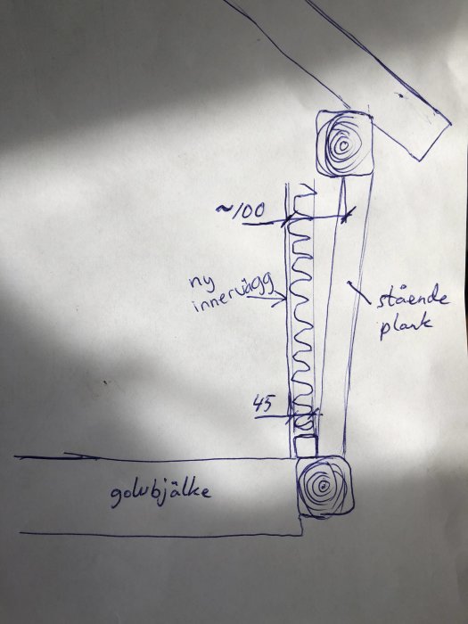 Handritad skiss av isoleringslösning för snedtak med nya innerveggar och stående plank.