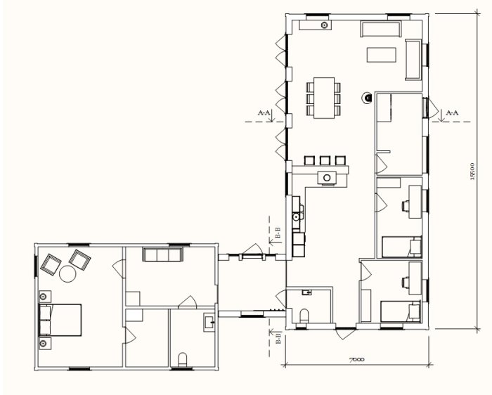 Arkitektonisk planritning av en byggnad med markerade rum, möbler och dimensioner.