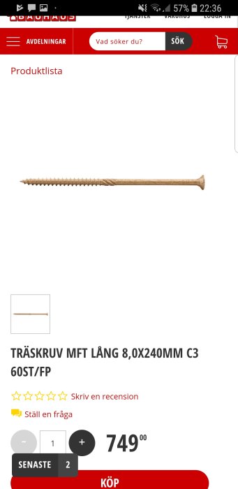 Lång träskruv 8x240mm visas på skärmen från en online bygghandel.