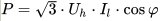 Formel för elektrisk effekt P i en trefassystem med spänning U, ström I och effektfaktor cos phi.