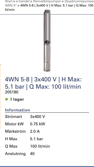 Djupbrunnspump av modellen 4WN 5-8 med tekniska specifikationer som 3x400 V, 0.75 kW, och 5.1 bar på en produktsida.