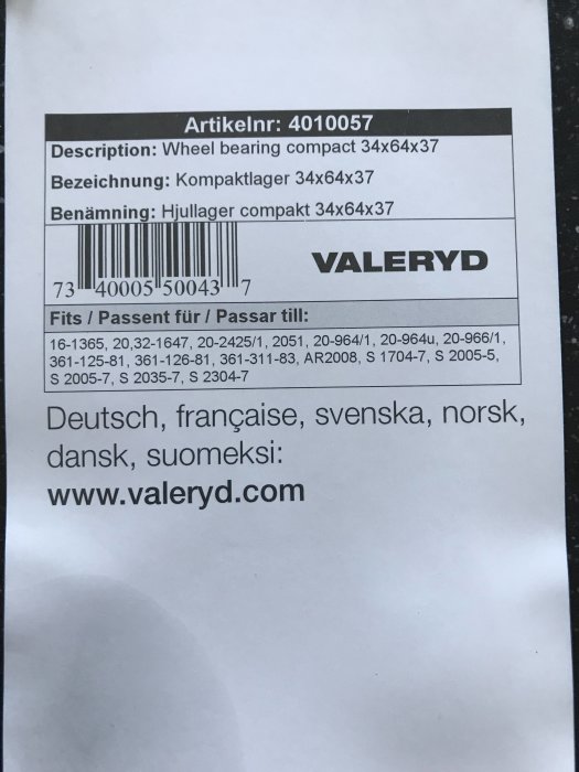 Specifikationslabel för kompakt hjullager 34x64x37mm som passar olika fordon, från Valeryd.