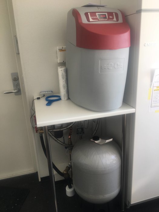 Vattenreningsanläggning med filter och mjukgörare i ett teknikrum.