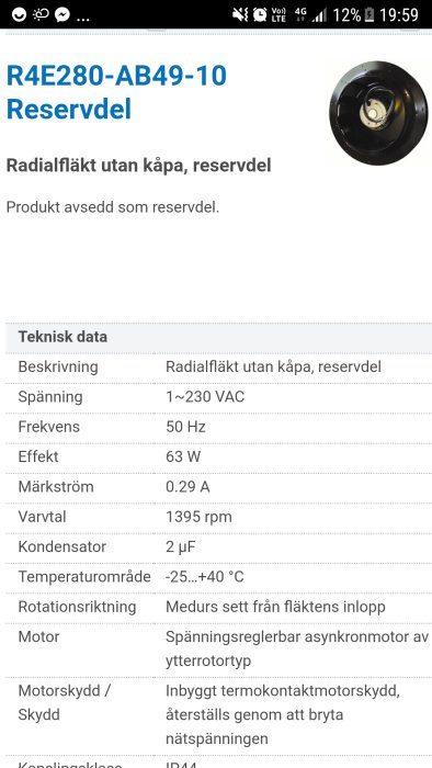 Radialfläkt utan kåpa visas på en skärm med teknisk specifikation i bakgrunden.