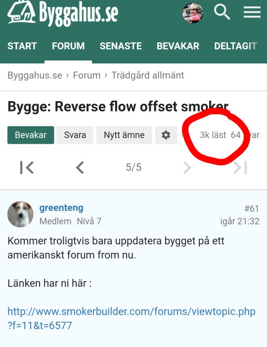 Skärmdump av ett foruminlägg på Byggahus.se om bygge av reverse flow offset smoker, 3k läst och 64 svar.