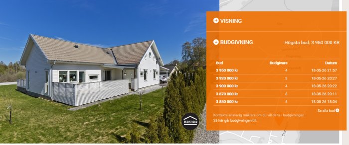 Vit enplansvilla med veranda och stort gräsområde, budgivningsfält visar högsta bud på 3 950 000 kr.