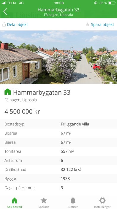 Skärmklipp av bostadsannons för en friliggande villa i Fålhagen, Uppsala, listad för 4 500 000 kr.