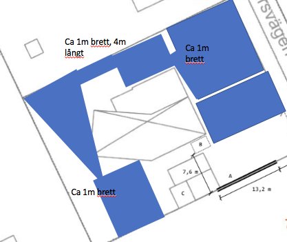 Ritning som visar en uppdelad gräsmatta i fyra delar med smala passager märkta med dimensioner.