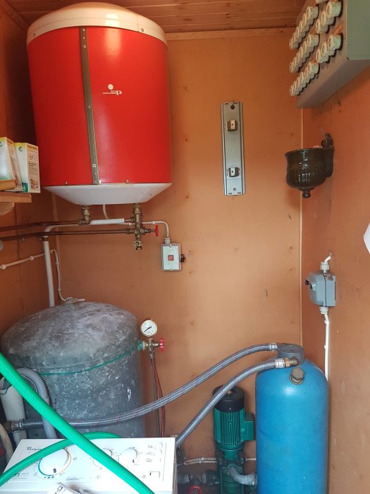 Vattenpump, hydrofor och anslutningar i ett pumphus för ett fritidshus.