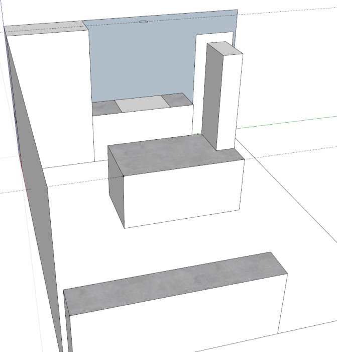 3D-skiss av ett kök med ö, elskåp pelare i mitten, kyl/frys och en fläkthuv cirkel i taket.