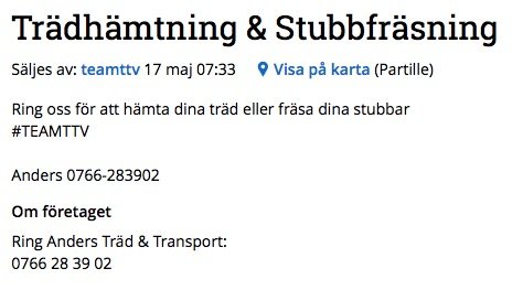 Annons för tjänsten trädhämtning och stubbfräsning med kontaktinformation.