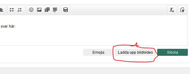 Skärmdump av forumets svarsfält med markerad knapp för att ladda upp bilder och videor.
