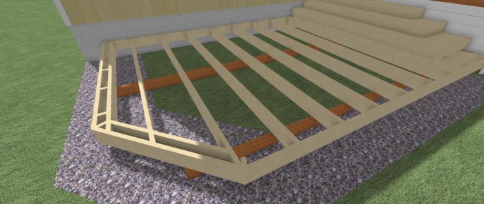 3D-modell av ett pågående lågt trädäcksbygge med synliga bärlinor och golvreglar på singelbädd.