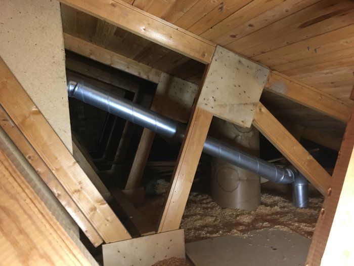 Ventilationsrör installerade i ett vindsutrymme, kopplade till tvättstugeventilation.